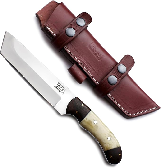 GCS Handmade Camel Bone Full Tang Handle D2 Tool Steel Blade for Hunting Camping and EDC Knife with Leather Sheath - GCS 1