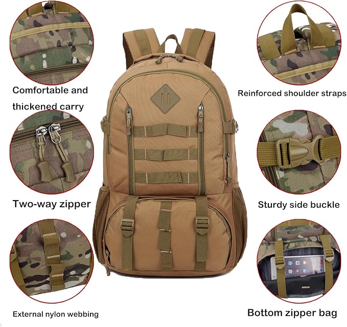 50L Tactical Backpack Outdoor Mountaineering Travel Backpack for Men and Women Large Capacity Camouflage Backpack (Khaki)