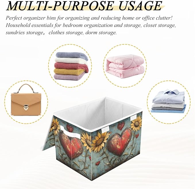 AIXIWAWA Lidded Storage Cube (Vintage Heart Valentine) Fabric Foldable Closet Bins with Flip Lid and Handles Organizer Basket Container 16.5 x 12.6 x 11.8 IN
