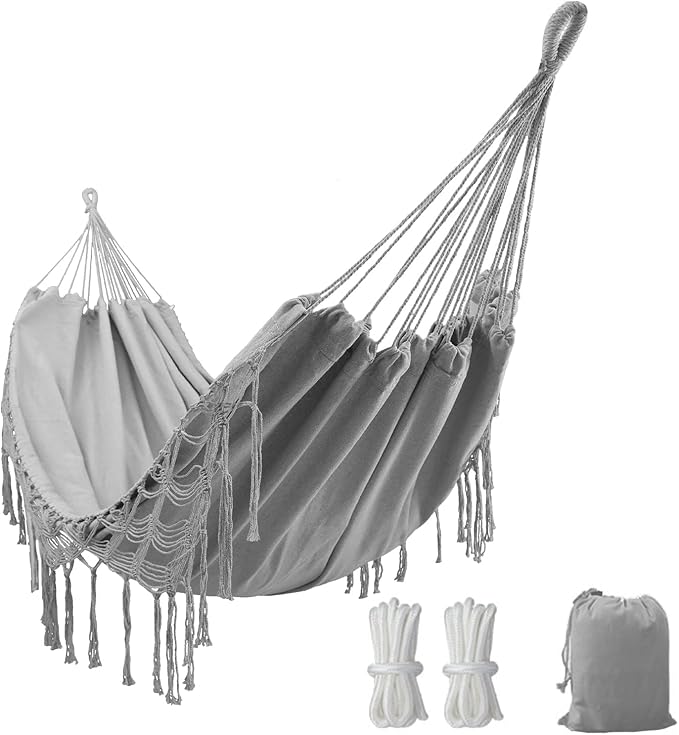 Double Boho Macrame Hammock with Elegant Tassels for Patio Yard Beach Wedding Decor Outdoor and Indoor Up to 450lbs Include Tie Ropes and Drawstring Bag