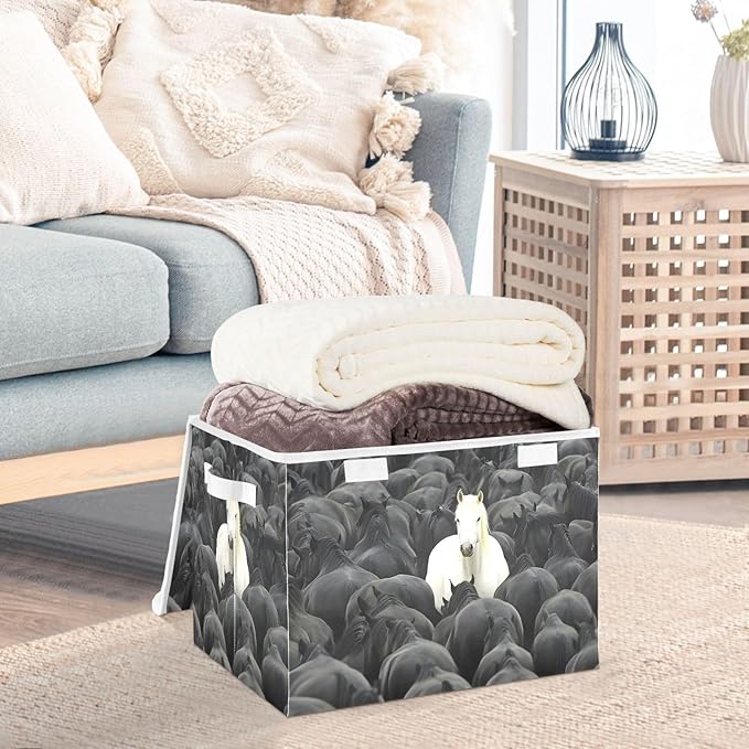 White Horse in Black Storage Cube Bins Basket with Lid Collapsible Flip-top Fabric with Handle for Home Bedroom Closet Office 16.5×12.6×11.8 in