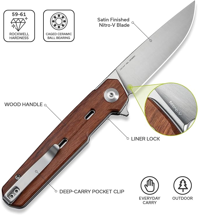 CIVIVI Navo Pocket Knife for EDC 3.25 Nitro-V Blade Wood Handle with Reversible Clip Folding Knife for Men Women C25015B-1 Wood