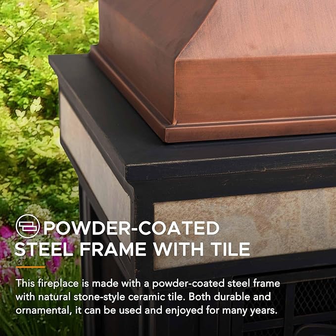 Sunjoy Outdoor Fireplace Smith Collection Patio Wood Burning Steel Fireplace with Chimney Spark Screen Fire Poker and Removable Grate Copper with Yellow Tile