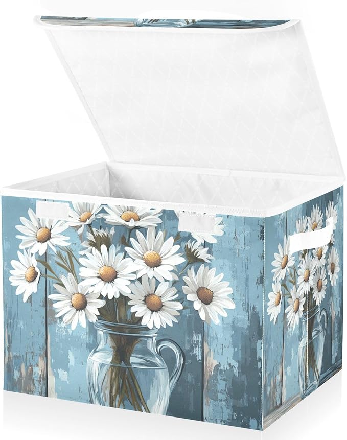 Collapsible Storage Bins with Lids Decorative Fabric Storage Cubes Closet Organizer and Storage Basket Boxes Containers for Clothes Box Chest Nursery Folding Rectangle Daisy Wooden Blue