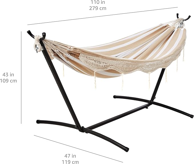 Amazon Basics Double Hammock with 9-Foot Space Saving Steel Stand and Carrying Case 2 Person 450 lb Capacity Beige Stripe with Lace 110 x 47 x 43