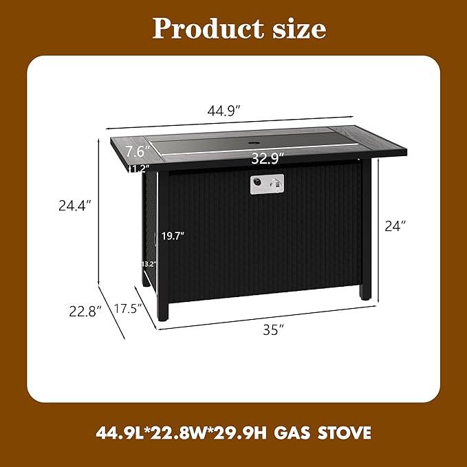 Walsunny 45 Inch Propane Fire Pit Table Outdoor Fire Pit 50000 BTU Gas Fire Pit Table Fire Table with Lid and Lava Rock for Outside Patio Garden Yard