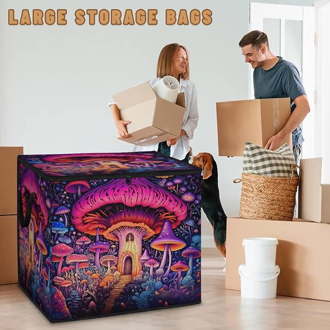 Large Retro Mushroom Storage Bags with Lid XL Blanket Clothes Storage Bins Foldable Organizers Storage Containers with Handle for Comforters Bed Sheets Pillows Fairy Forest Flowers Plants