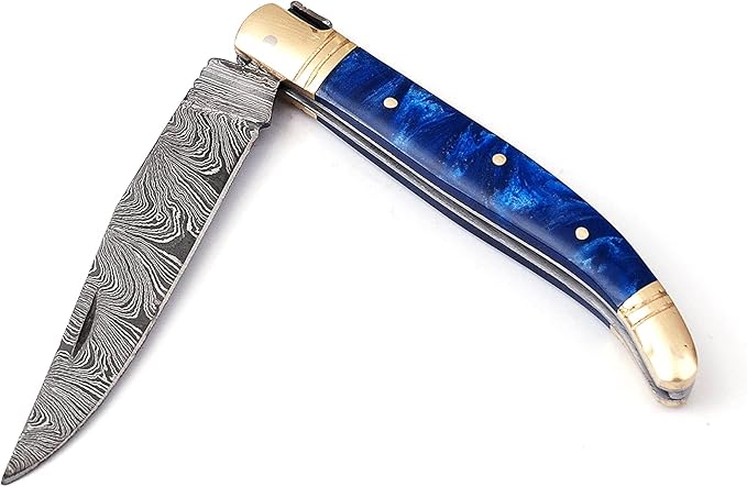 Damascus steel blade Laguiole Folding knife 8.5 Long with 4 hand forged twist pattern Blade. Blue color unshrinkable Raisen scale with brass bolster Cow hide leather sheath