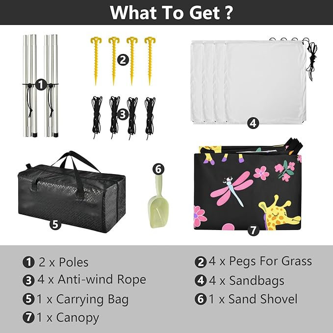 Beach Canopy with Windproof Ropes &amp Sandbags Beach Tent Sun Shade Sun Shelter for Camping Trips Fishing Backyard Fun or Picnics Giraffes