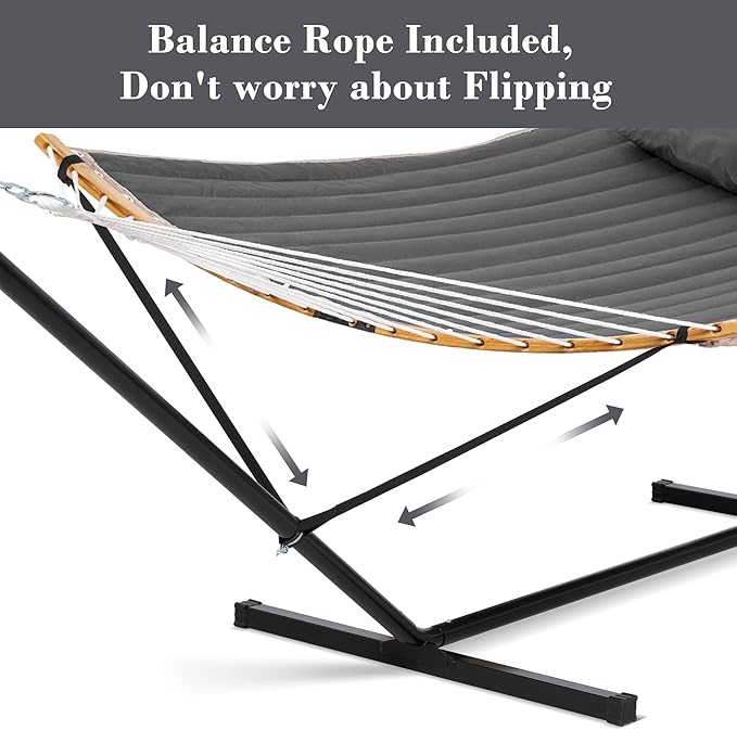 SUNCREAT Double Portable Hammock with Stand 2 Person Hammock with Curved Spreader Bar Balance Ropes Included Dark Gray