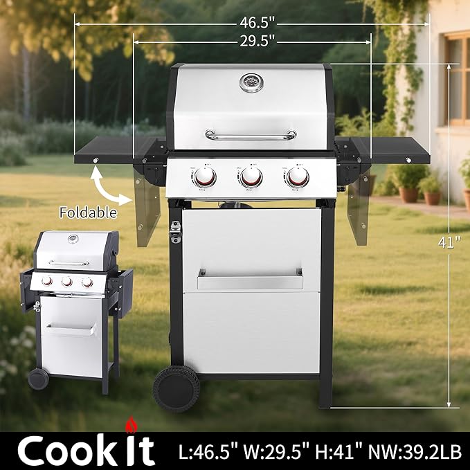 3-Burner Propane Gas Grill with 30000 BTU Output - Double-layer Stainless Steel Grill Lid Cast Iron Cooking Grids Easy-Clean Grease Management &amp Even Heat Distribution for Perfect BBQs