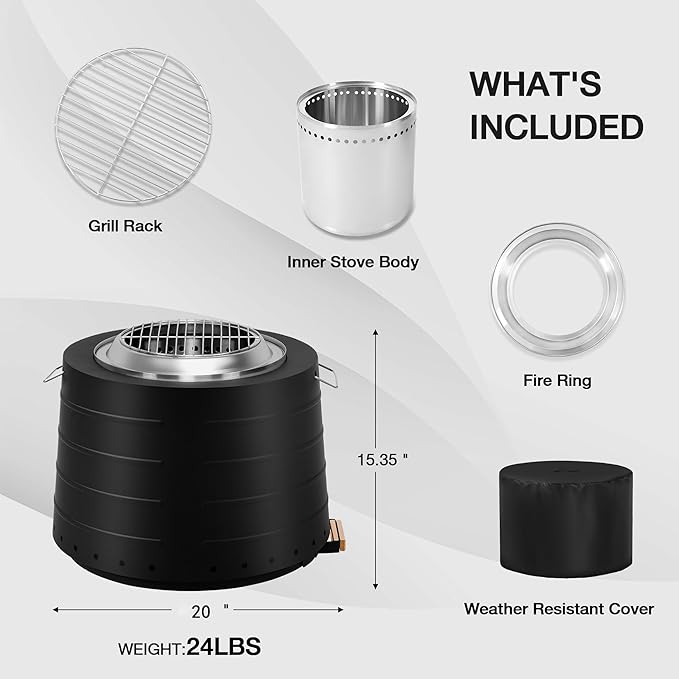 HOMREST 20” Smokeless Firepit with Removable Ash Pan 304 Stainless Steel Outdoor Fire Pit for Outside Wood Burning Portable Fire Pit for Patio Camping Backyard