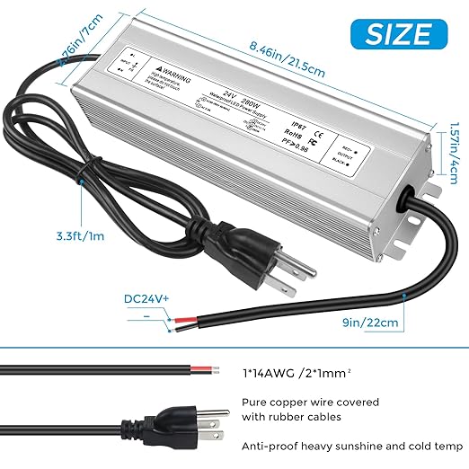 24V 280W LED Power Supply IP67 Waterproof LED Driver AC 110V to DC 24 Volt 11.7A Converter Outdoor Low Voltage Transformer for LED Strip Light Landscape Lighting 3-Prong Plug with 3.3 FT Cable