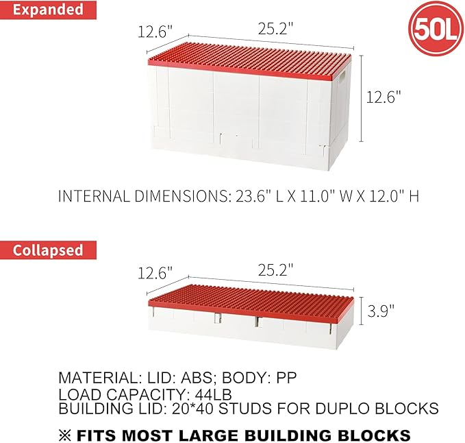 SHIMOYAMA 53 Qt. Folding Storage Box with Large Building Lid for Lego Duplo Blocks 13 Gallon Collapsible Organizer for Lego Bricks (Red)