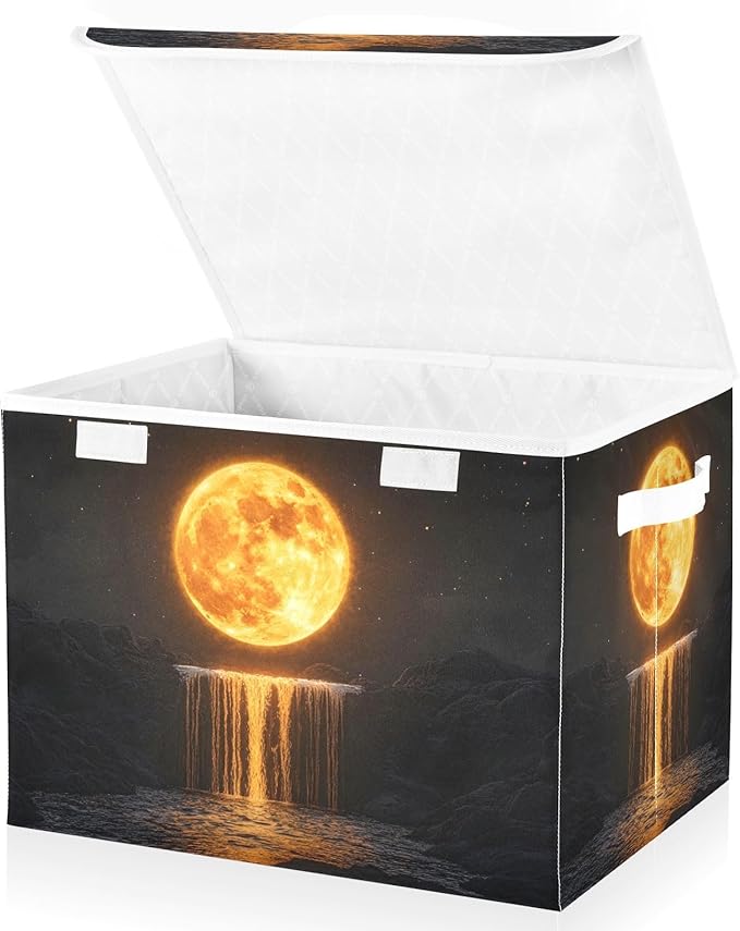Storage Cube with Lid Golden Moon Print 16.5×12.6×11.8 IN 1 Pack Collapsible Large Capacity Foldable Storage Basket Bin Organizer