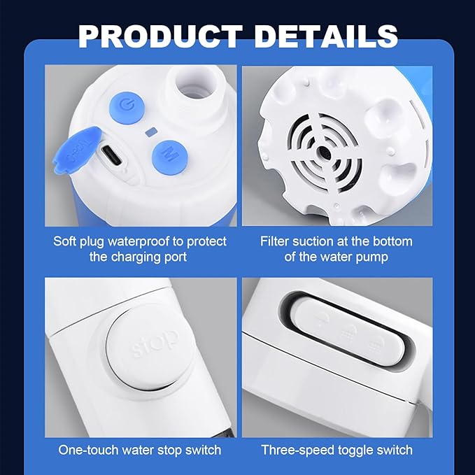 Portable camping shower outdoor camp shower pump multiple spray modes rechargeable suitable for travel hiking pet cleaning car washing