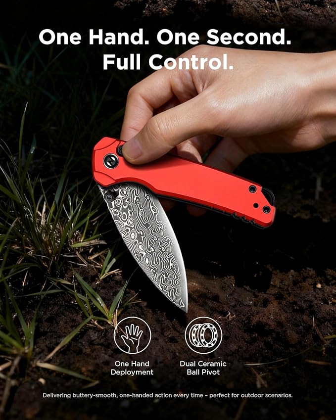 Damascus Folding Pocket Knife for EDC Small Pocket Knives for Men Women 2.99 Sharp Japanese VG10 Blade Aluminum Handle with Clip for Camping Hiking Outdoor Survival Mini 3080AR (Red)