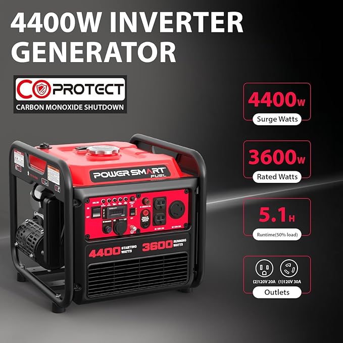 4400-Watt Portable Inverter Generator Gas Powered CO-Sensor Lightweight &amp Quiet for Home Use and Emergency Backup Camping EPA Compliant