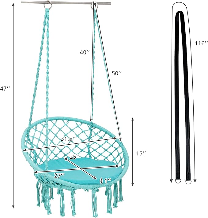 Giantex Hammock Chair Macrame Swing - Hanging with Cushion and Hardware Kit 330 LBS Weight Capacity Indoor for Stand Patio Balcony Living Room (Turquoise) (GT10698-NPTU)