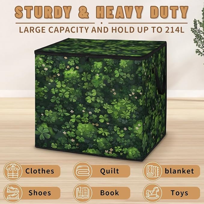 XL Large Clothes Storage with Lid Handle Shamrock Clover Large Thick Clothes Blanket Storage Containers for Organizing Bedroom Closet Comforter Organization Storage St. Patrick's Day