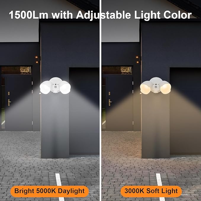 2 Pack 15W LED Flood Light Outdoor 1500 Lumen Exterior Security Lights 3000K/5000K Light IP65 Waterproof Dual-Head Wall/Eave Mount Flood Light Energy Saving for Garage Patio Yard (White)