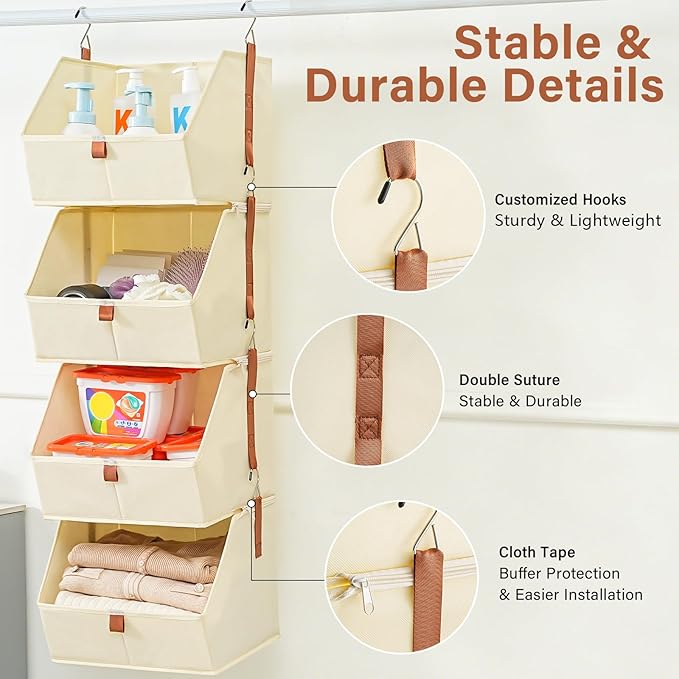 4 Tier Hanging Closet OrganizerDisassemblable Clothes Hanging ShelvesFabric Closet Organizer System for Space-SavingFoldable Storage Basket for Bedroom Rv (2 PackBeige)