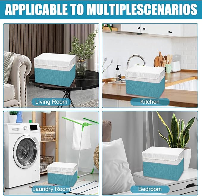 Bagnizer Large 22 Quart Linen Fabric Foldable Storage Bin Cube Organizer Basket with Flip-Top Lid &amp Handles Clothes Blanket Box for Home Office Closet Teal &amp White 4 Pack 14.6 x 9.5 x 9.5