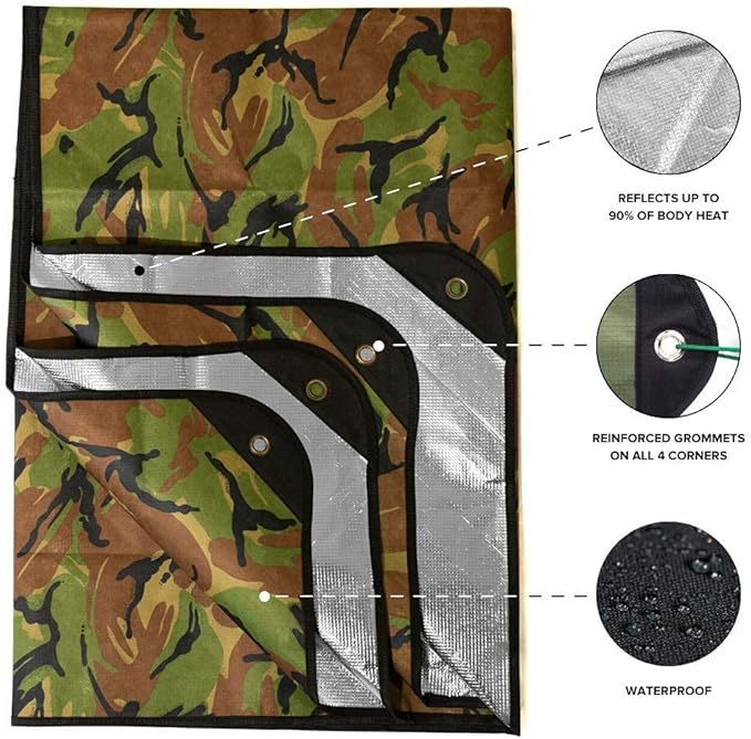 Arcturus Insulated Tarp Reusable Heavy Duty Thermal Survival Blanket – 60x82in Reflects 90% Body Heat Waterproof Windproof 3-Layer Design Reinforced Grommets Woodland Camo