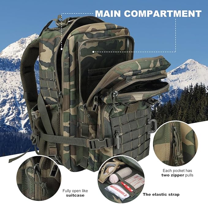 Hannibal Tactical 45L MOLLE Assault Backpack Tactical Backpack Military Army Camping Rucksack with Bottle Holder 3-Day Pack Trip w/USA Flag Patch D-Rings US Woodland