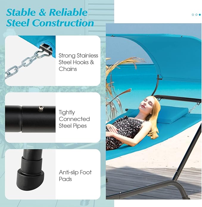 Giantex Hanging Hammock with Stand Patio Hanging Chaise Lounge Chair w/Canopy Cushion Pillow &amp Storage Bag Heavy Duty Swing Hammock Bed for Garden Lawn Backyard Patio Poolside Porch (Blue)