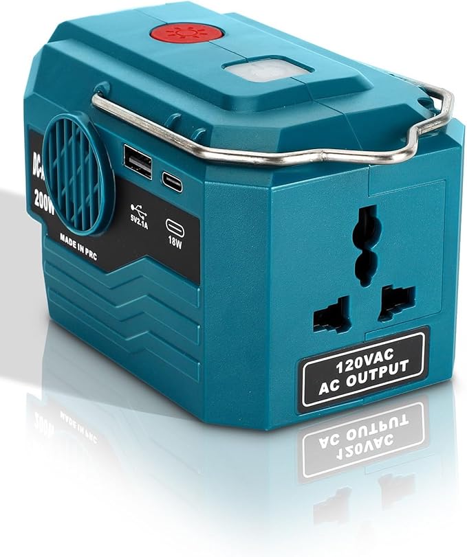DC 18V to AC 110V Power Inverter Compatible with Makita 18V Battery 200W Portable Modified Sine Wave Power Inverter Converter with LED Light USB and Type-C Port(No Battery)