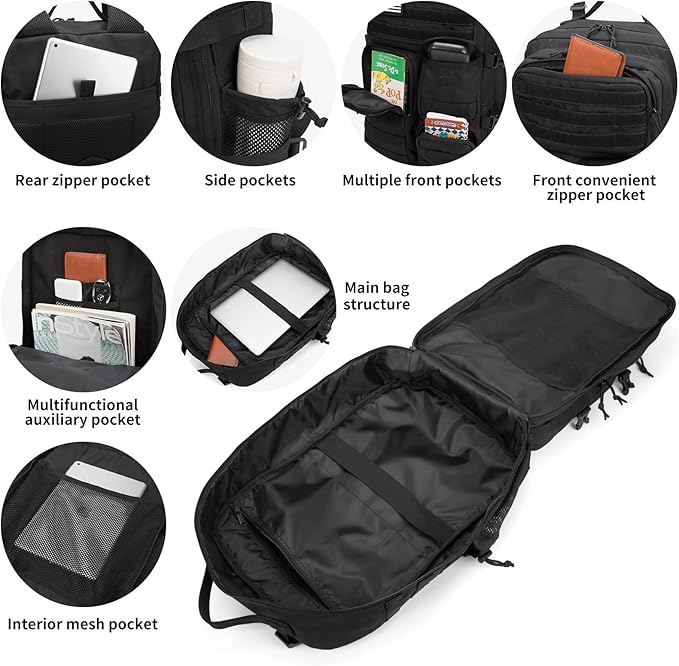 Wotony Tactical Backpack - Military waterproof backpack with multiple pockets and tactical gear for the outdoors (Black 45L)