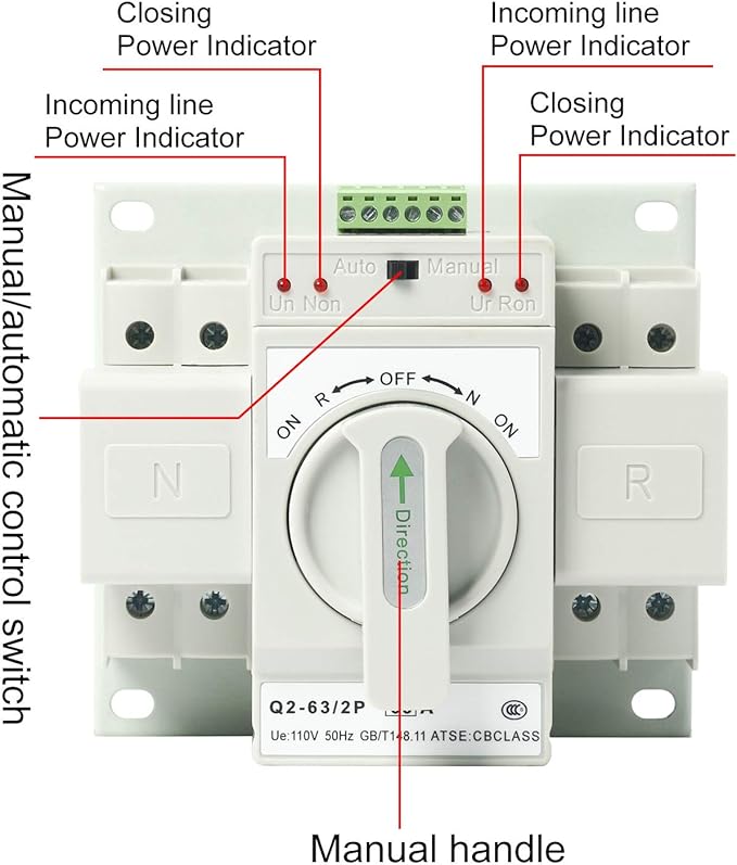 Automatic Transfer Switches 2P 63A 110V Dual Power Toggle Controller Change-Over Switch ATS for Emergency Generator Backup MCB type Generator Changeover Switch