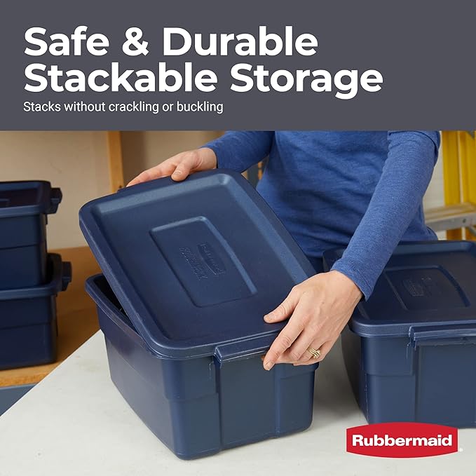 Rubbermaid Roughneck Tote 3 Gal 6 Pack Made in USA Dark Indigo Metallic Rugged Plastic Stackable Storage Bins with Lids and Handles