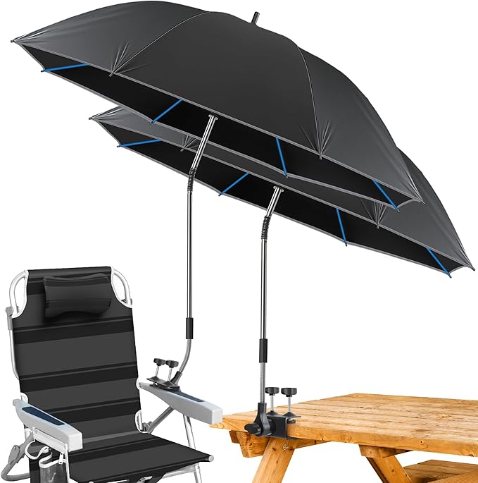 Beach Umbrella2PACK 48.7inch Chair Umbrella with Clamp adjustable 360°UV Protection Large Camping Chair Umbrellas for Camping chair Glof CartTable(ChairTable not include)