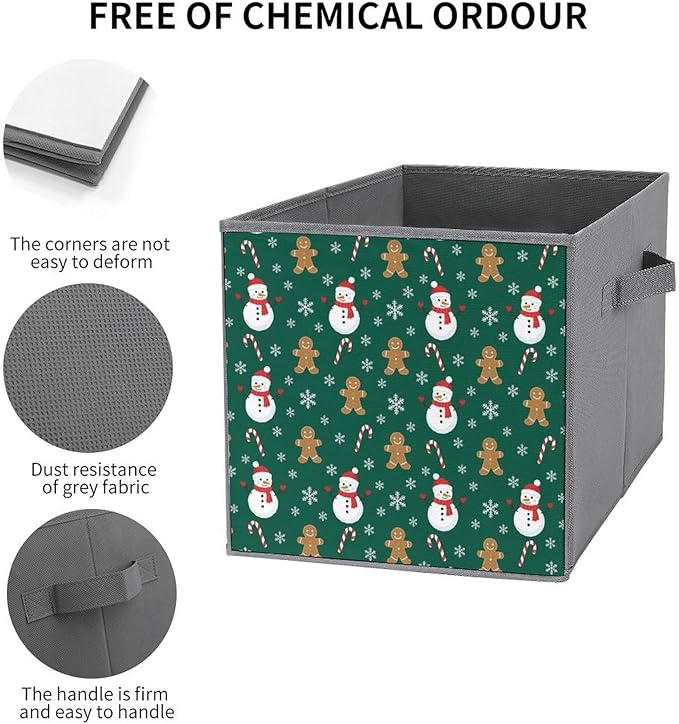 Collapsible Storage Bins with Handles Christmas Gingerbread Snowman Green Foldable Cube Organizer Box for Closet Shelf Toy Storage Space-Saving Home &amp Office Decor