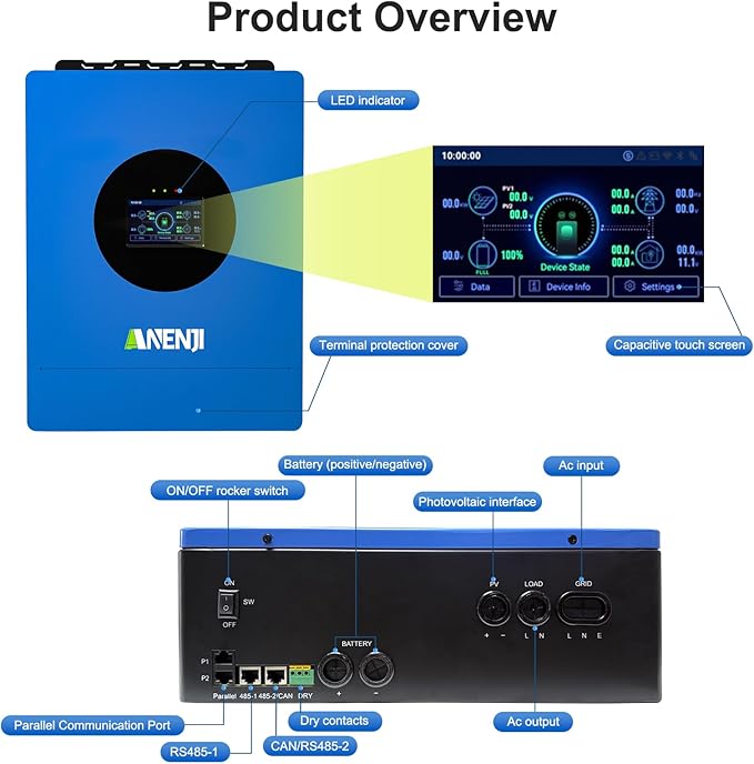 6000W Hybrid Solar Inverter 48V DC to 120V AC Pure Sine Wave Built-in 120A MPPT Controller 99.9% Efficiency Solar &amp Generator Input Dustproof for Home Backup RV Off-Grid