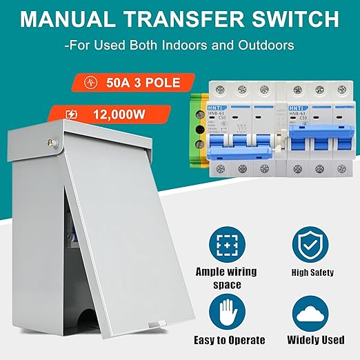 50 Amp 3 Pole Generator Manual Transfer Switch 208-240V 12000W Transfer Switch for Home Generator and Solar Power Systems Meeting NEMA 3R Standards for Outdoor and Indoor with Ground (50A-3P)