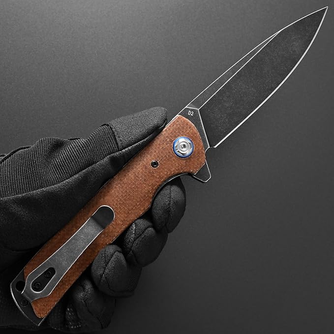 Eafengrow EF973 Folding Knife D2 Steel Blade Micarta Handle Scale Pocket Knife Folder for Working Camping Hiking EDC Tool Knife(brown)