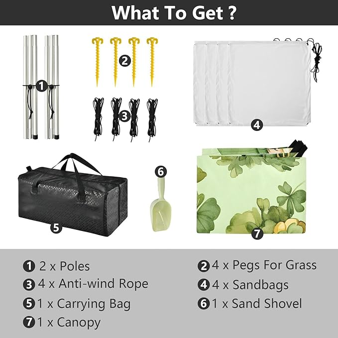 xigua St. Patrick's Day Beach Tent Sun Shelter with Carrying Bag - Silver Coated Oxford Fabric Beach Canopy for Beach Camping Fishing - Includes Windproof Ropes Sandbags &amp Stakes