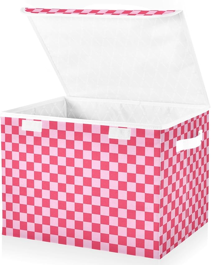 Light Pink Checkerboard Storage Baskets Lidded Bin Foldable Storage Boxes Cubes Lids with 2 Handles for Organizing Closet Home Office