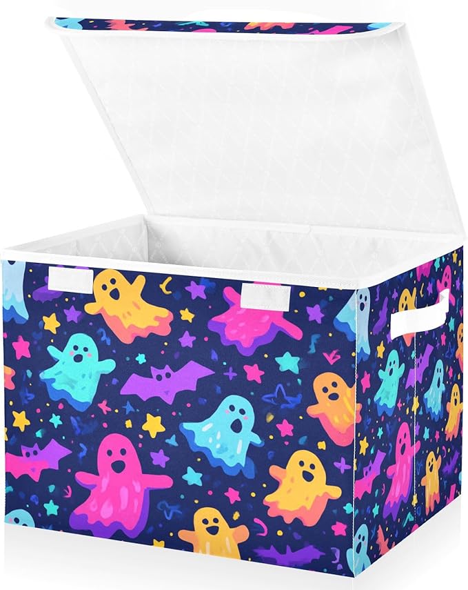 Storage Bins with Lids Storage Containers Box Organizer Bin Basket with Handles for Closet Shelves Clothes Stackable Foldable Decorative Neon Halloween Ghosts Stars Bats