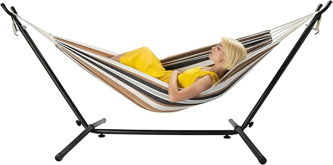 Hammock with Heavy-Duty Steel Stand for OutsideHammocks 450 Lb CapacityPortable Hammock2 People Standing HammocksSuitable for BeachBackyard Gardens Patio Bedroom100 * 40 * 38 Inch (Coffee)