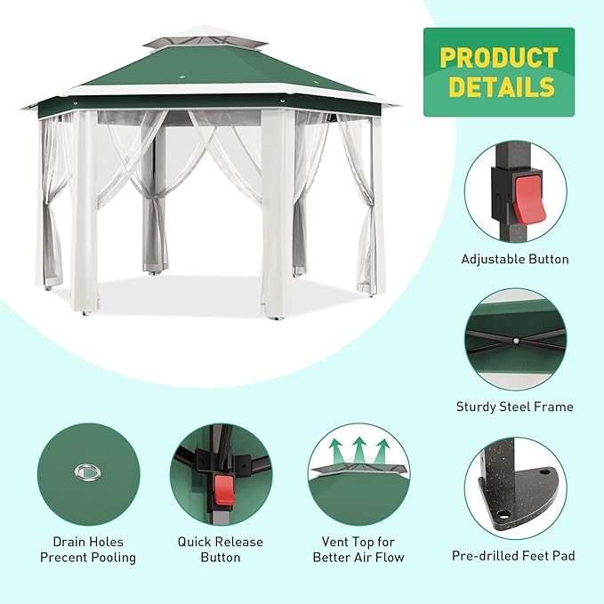 Pop-Up Gazebo 13 * 13 ft 6 Sided Canopy Tent with Mesh Windows &amp Portable Carry Bag Adjustable Tent Outdoor Pergola for Backyard &amp Patio Furniture (Green + Beige)