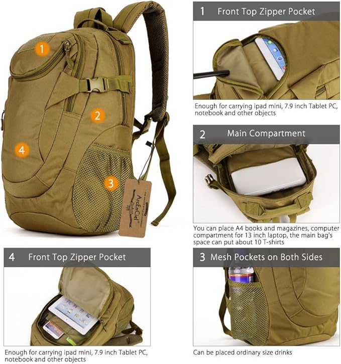 ArcEnCiel Motorcycle Tactical Backpack for Men - With Rain Cover &amp Patch Water Resistant for Hiking Commuting &amp Outdoor