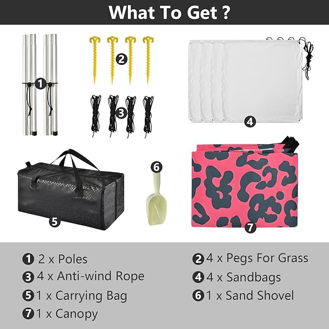 ALAZA Pink Leopard Print Cheetah Beach Tent Sun Shelter UPF50+ Protection Beach Shade Canopy w/ 4 Sandbags for Outdoor Camping Fishing Backyard Fun Picnic 10x9 ft