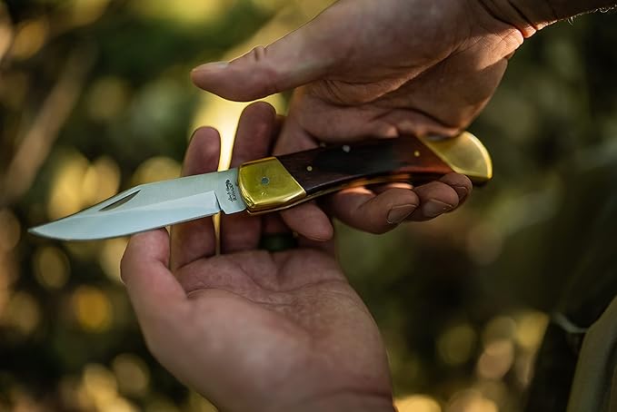 Uncle Henry LB7 Bear Paw Traditional Lockback Pocket Knife with 3.7in Clip Point High Carbon S.S. Blade Wood Handle Brass Bolsters and Leather Belt Sheath for EDC Hunting Camping and Outdoors