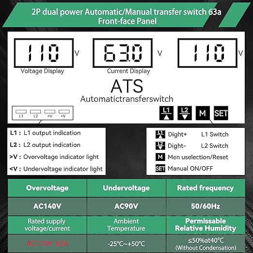 63 amp AC110V Automatic/Manual Transfer Switch with LED Display 50/60Hz 2P 63A ATS Auto Dual Power Outdoor Changeover Switch for Home Generator L1 Priority Din Rail Mount Selector Transfer Switches