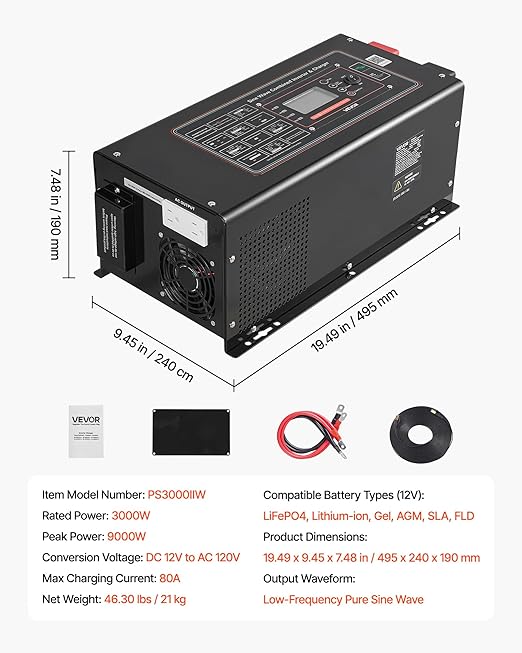 VEVOR Pure Sine Wave Inverter Charger 3000W DC 12V to AC 120V Power Inverter with LCD Display Remote Control Low Frequency for RV Camper Home Compatible with 12V LiFePO4 and Lithium Batteries