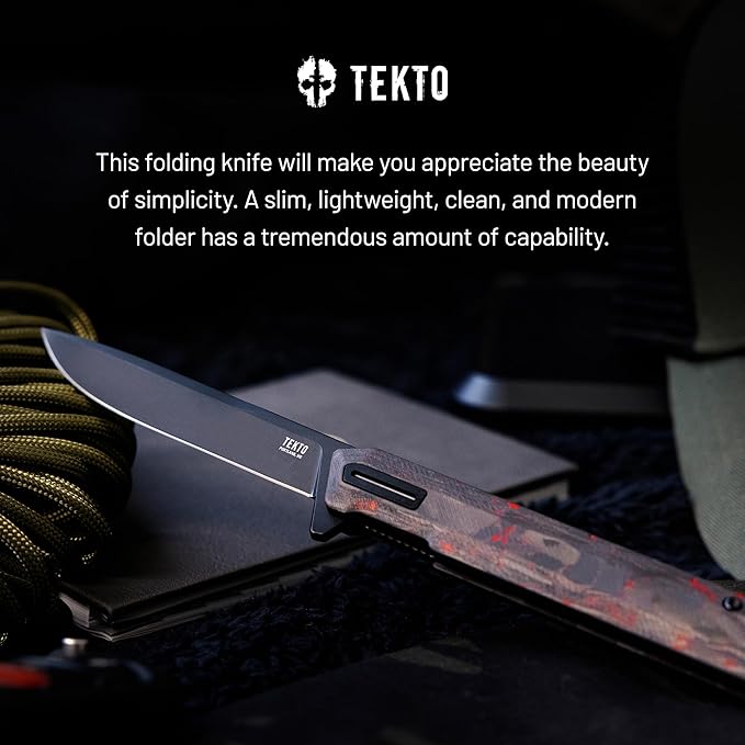 TEKTO F2 Bravo Folding Pocket Knife - D2 Steel Blade Ceramic Ball Bearings - EDC - Snap Swift Flip for Camping Backpacking - 2.4oz (68g) Forged Ember Handle Black Titanium Accents